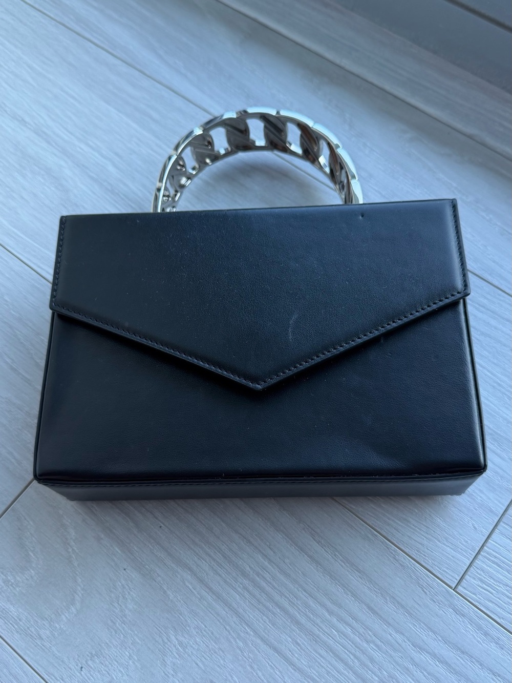 Amina Muaddi Black Leather Envelope Clutch with Silver Chain Handle